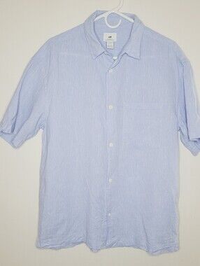 H&M Shirt Textured Linen Blend Light Men's Medium Blue Fabric Patch Pocket Gorp